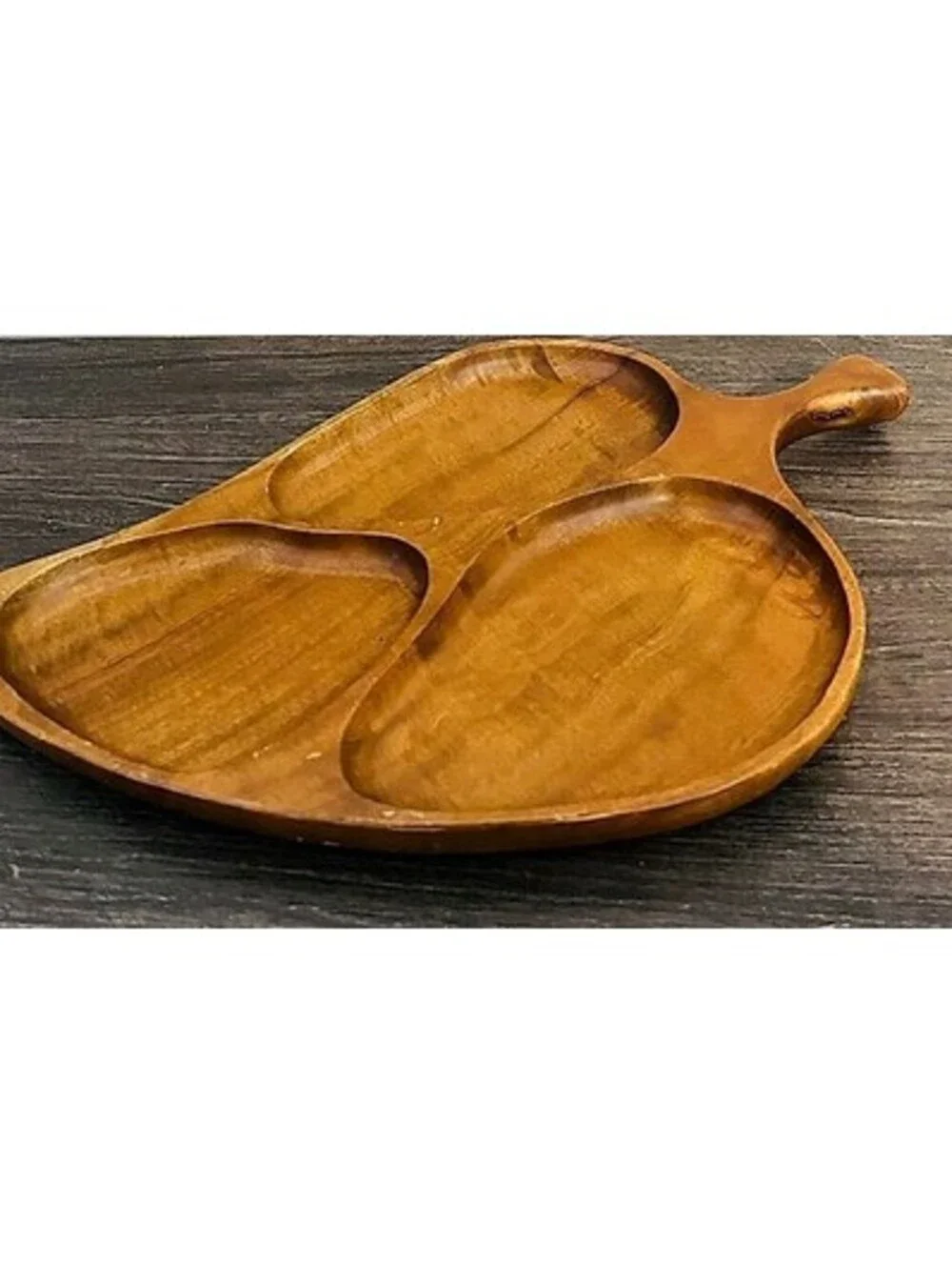 Vintage Hand Carved Monkey Pod Wood Leaf Shaped 3 Section Divided Serving Tray